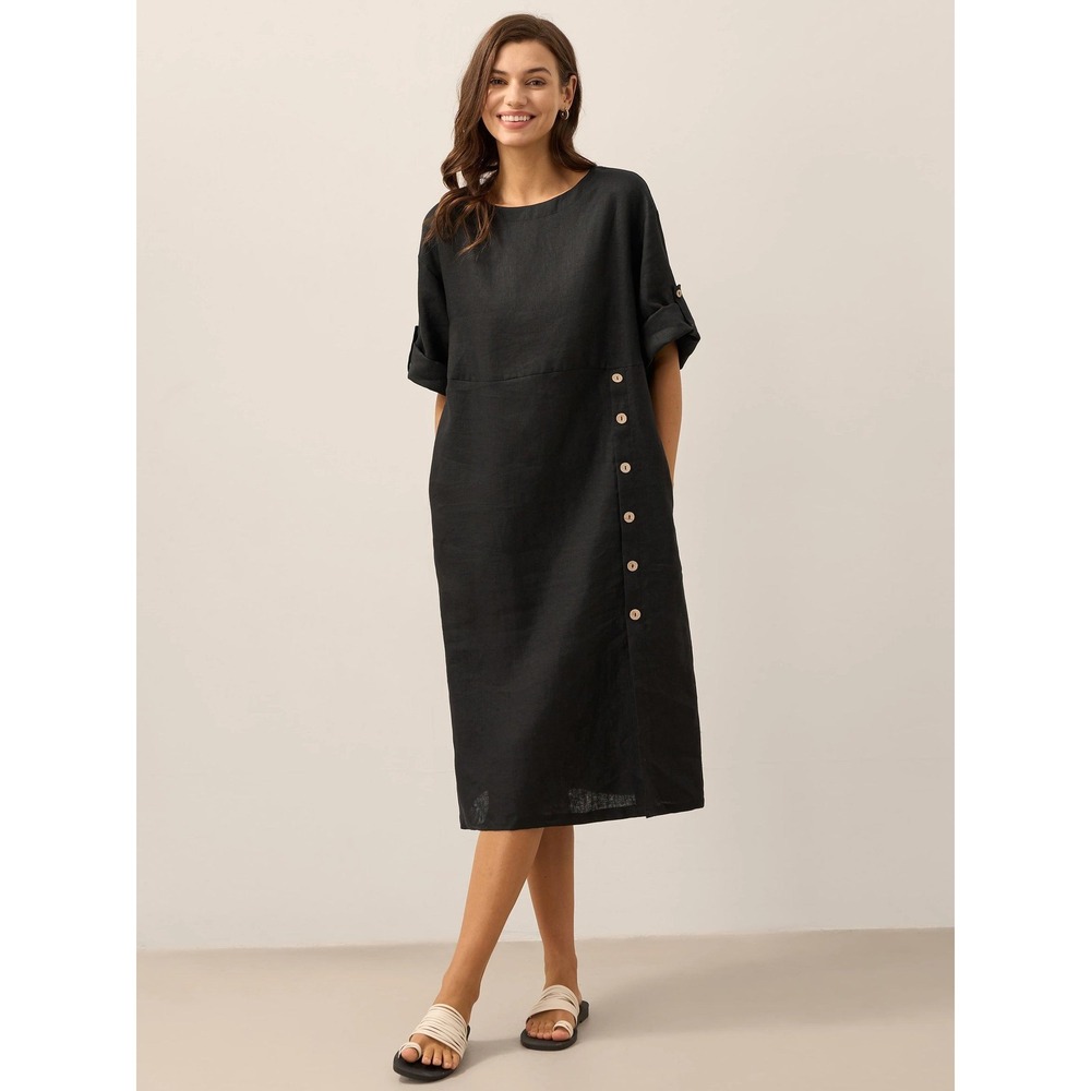 LINTICO Jelena 100% Linen Round Neck Button Detail Midi Dress Charcoal Black- M